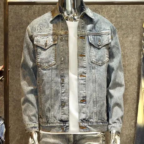 春秋季蓝色刺绣牛仔外套男美式潮牌修身复古风夹克男时尚潮流上衣商品大图