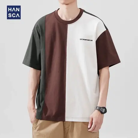 hansca 结构解析撞色圆领T恤男2025夏季撞色潮牌字母刺绣休闲上衣商品大图