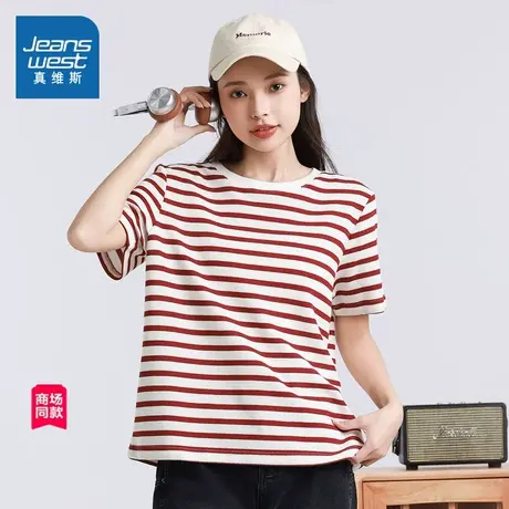 【商场同款】真维斯女装2025夏季新款 流行落肩印花短袖针织衫商品大图