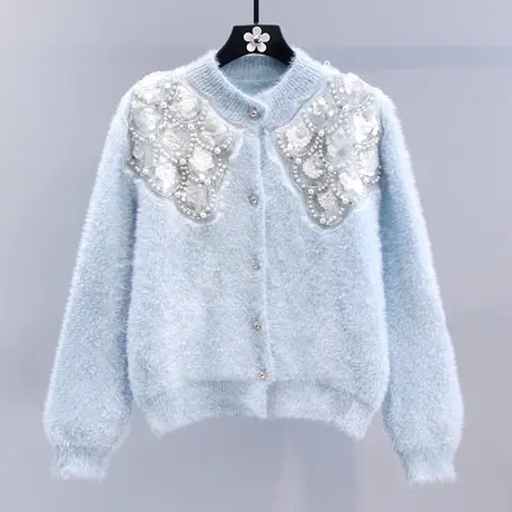 重工钉珠亮片水貂绒毛衣外套女秋冬2023新款宽松设计感针织开衫商品大图