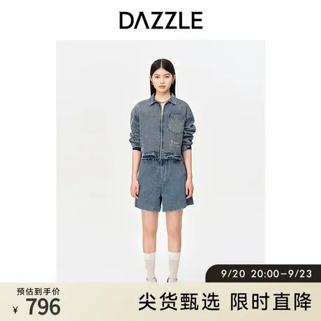 DAZZLE地素奥莱 春季旋转木马印花翻领休闲牛仔短外套上衣女图片