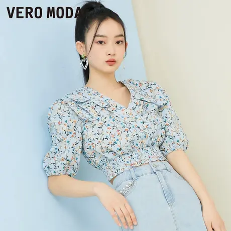 VeroModa奥莱雪纺衫夏季清仓复古V领花色甜美泡泡袖百搭上衣女图片