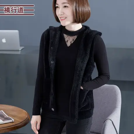 2023新款冬季女装纯色仿貂毛保暖无袖连帽马甲背心女针织衫外套商品大图