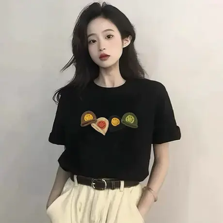黑色中长落肩短袖t恤女2025新款夏季韩版宽松设计感纯棉大版上衣图片