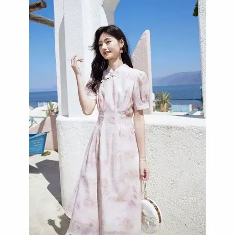 时尚气质连衣裙2024年夏季新款女收腰显瘦泡泡袖晕染新中式长裙图片