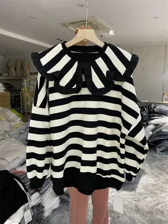 欧货2022春装甜美风减龄中长款宽松娃娃领条纹卫衣女上衣潮商品大图