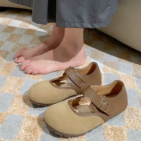 丑萌复古风玛丽珍鞋女2023秋季新款一脚蹬平底浅口勃肯鞋大头皮鞋商品大图