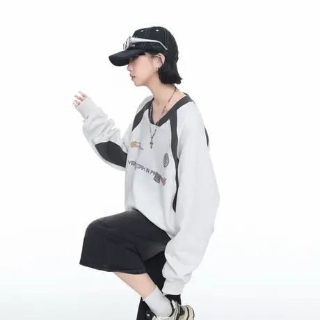 美式复古撞色V领插肩袖创意印花卫衣女春秋新款宽松休闲套头上衣商品大图