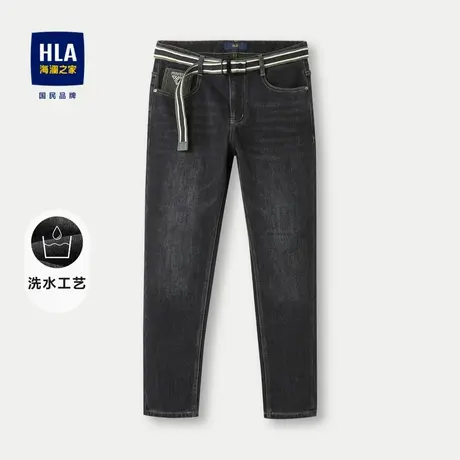HLA/海澜之家五袋款牛仔裤23秋新洗水工艺撞色刺绣中腰小脚裤子男图片