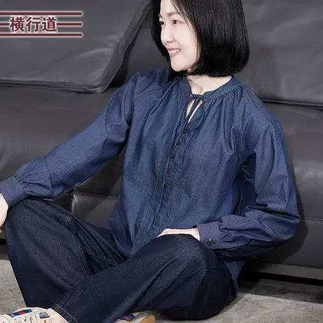 立领法式复古牛仔衬衣全棉上衣纯棉衬衫纯色休闲宽松女装系带秋装商品大图