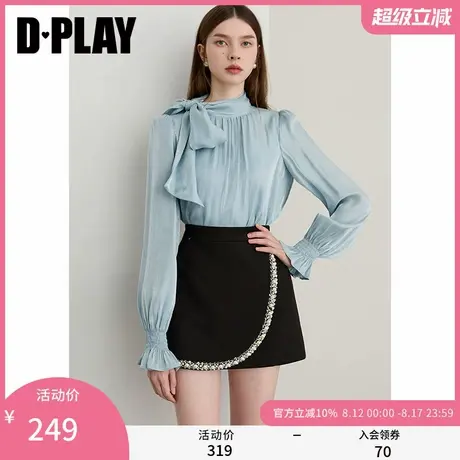DPLAY2025年秋季新款蓝色衬衫女系带设计宽松衬衣长袖上衣小衫商品大图