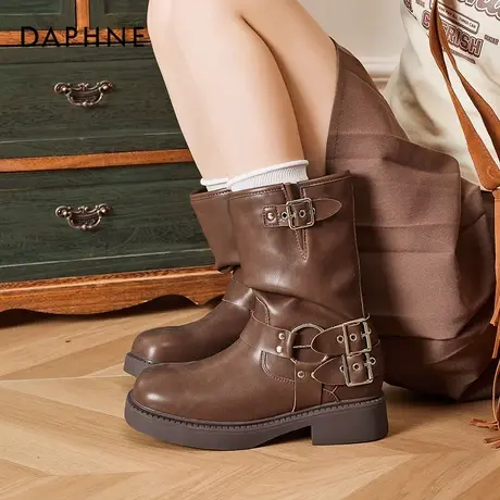 达芙妮棕色西部牛仔靴女2025秋季新款骑士靴美拉德风中筒马丁靴子商品大图