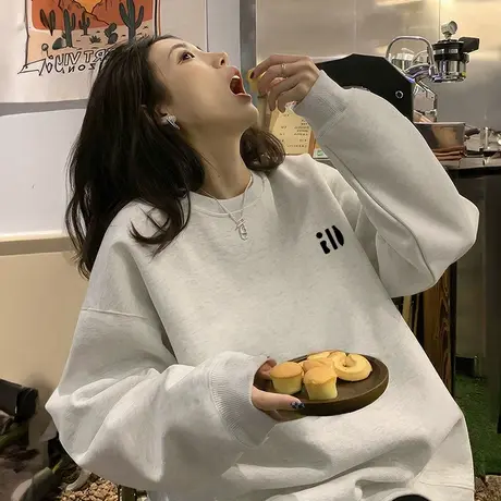 白灰色圆领卫衣女秋冬2025新款爆款春秋薄款无帽加绒加厚长袖上衣商品大图