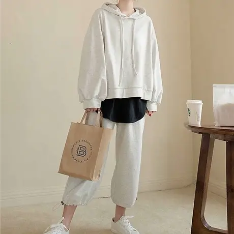 胖妹妹秋装简约休闲风连帽卫衣套装 棉质大码女春秋宽松运动套装商品大图