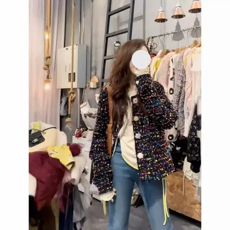 大码韩国女装早秋新款胖mm重工别致百搭小香风千金彩色粗花呢外套商品大图