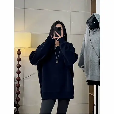 oversize简约百搭重磅圆领套头卫衣女2025秋季韩版基础款宽松上衣商品大图