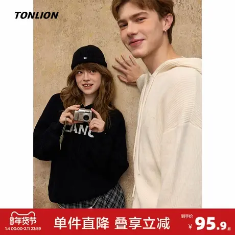 唐狮2026秋冬季新款情侣毛衣套头连帽时尚潮流百搭字母美式复古商品大图