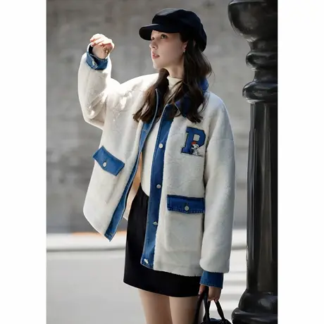 唐狮冬季女史努比牛仔拼接绗缝羔毛厚外套可爱百搭毛茸茸TD图片