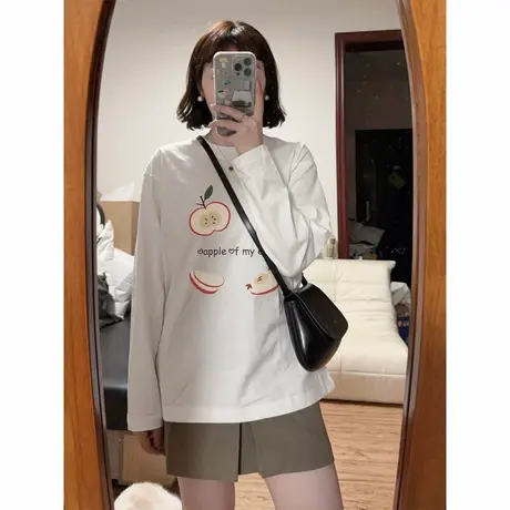 唐狮春秋季女圆领前胸水果图案长袖T恤减龄韩版学院风可爱百搭tu图片