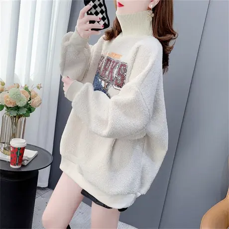 加绒加厚羊羔毛高领卫衣女2022新款秋冬宽松慵懒风洋气设计感外套商品大图