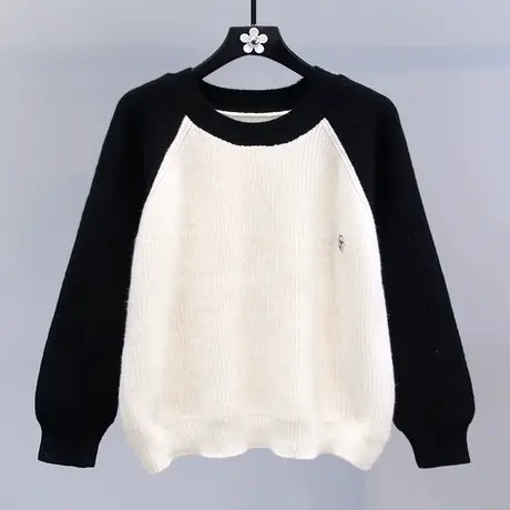 撞色拼接圆领套头毛衣女秋冬2023新款日系慵懒风宽松打底针织衫商品大图