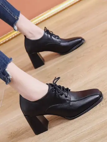 真皮方头小皮鞋女2023新款秋冬季时尚百搭深口粗跟单鞋工作高跟鞋商品大图