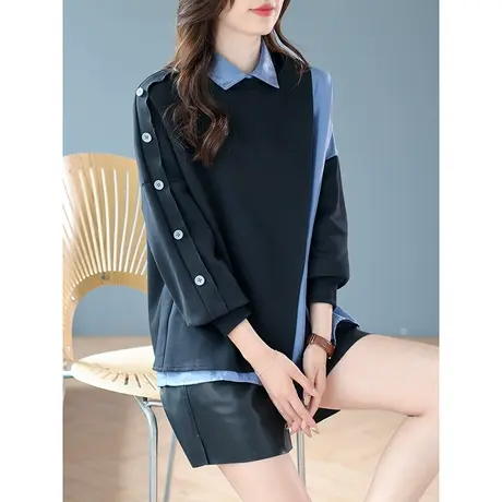 宝诗黎棉质拼接假两件衬衫领卫衣时尚设计感宽松上衣2023秋季新款商品大图