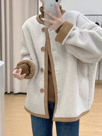 撞色复古羊羔毛外套女2023年冬季新款小香风宽松加厚中长款小个子商品大图