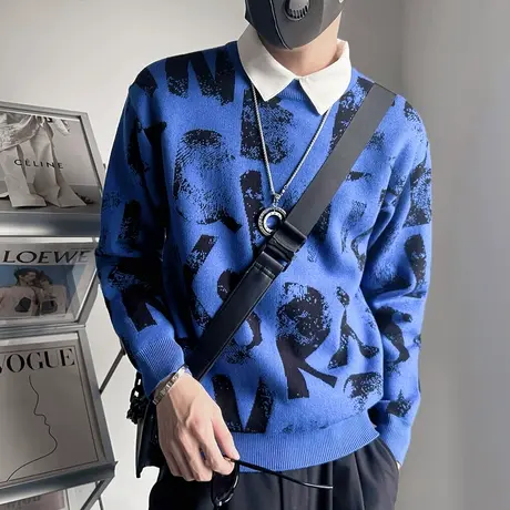 潮牌满印字母圆领毛衣男秋冬季爆款轻熟休闲小众设计感内搭针织衫商品大图