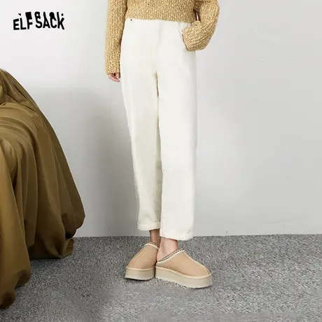 妖精的口袋高腰直筒铅笔裤女2023冬季新款白色宽松显瘦加绒休闲裤商品大图