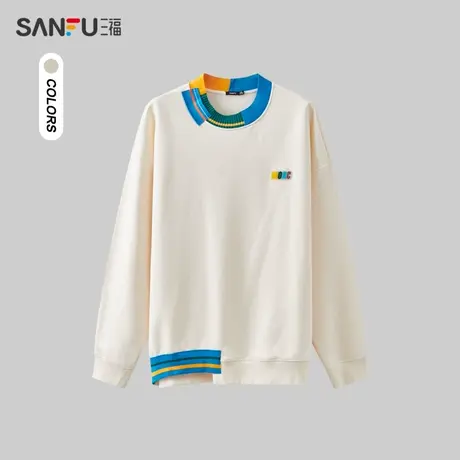 三福2023冬男士拼毛织领撞色卫衣 学院休闲宽松圆领上衣477959商品大图