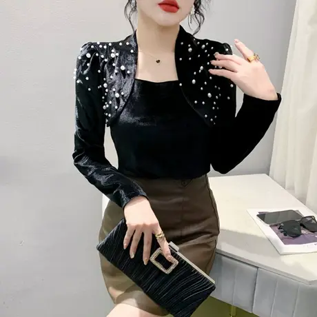 黑色丝绒烫钻上衣复古欧货泡泡袖T恤女长袖秋冬新款修身打底衫商品大图