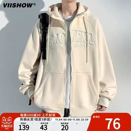 VIISHOW美式复古麂皮绒印花连帽卫衣男潮牌嘻哈宽松百搭套头外套商品大图