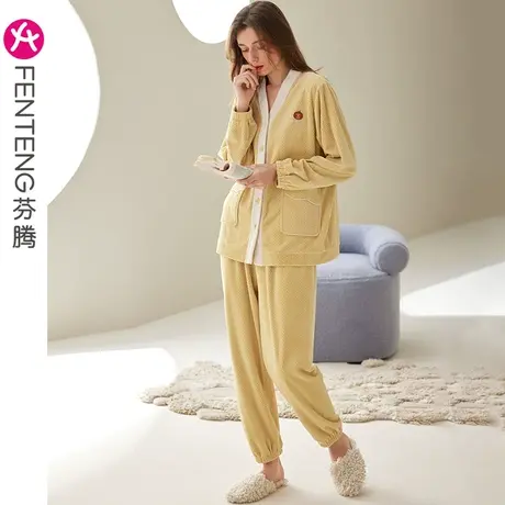 芬腾珊瑚绒睡衣女秋冬季法兰绒薄绒保暖大码可外穿休闲家居服套装商品大图