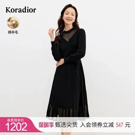 珂莱蒂尔女装2023年秋季黑色V领蕾丝工艺长袖连衣裙中长裙图片