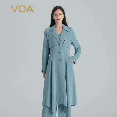 VOA蔚蓝40姆米靓丽重磅厚桑蚕丝西装领连肩长袖直筒真丝风衣外套图片