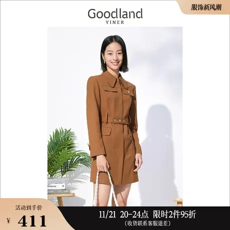 Goodland美地女装冬季长袖系带收腰通勤衬衫连衣裙图片