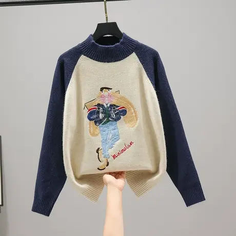 2023春装新款韩版宽松半高领拼色针织衫长袖套头毛衣刺绣兔子打底商品大图