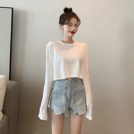 高腰短款露脐长袖t恤女春秋季韩版洋气港风ins百搭宽松上衣潮chic图片