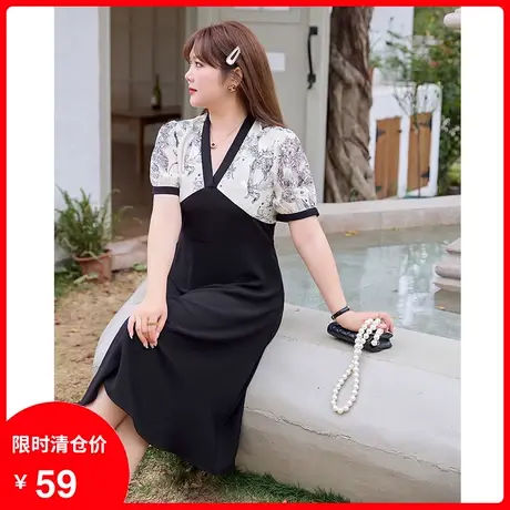 【清仓】装新款法式气质V领收腰显瘦大码胖MM长款碎花雪纺连衣裙商品大图