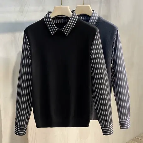 商务休闲秋冬季假两件毛衣男韩版潮流男士厚款保暖衬衫领男打底衫商品大图