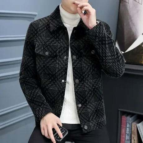 高端男装仿貂绒外套潮牌痞帅格子毛呢大衣男士秋冬季加厚呢子夹克商品大图