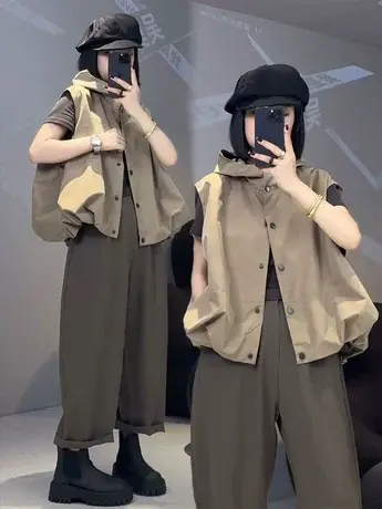 欧洲站2023春季潮流时尚连帽立领按扣马甲宽松洋气短款黑色马夹潮商品大图