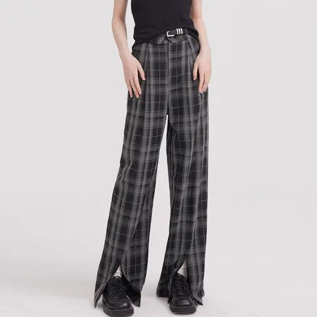 尔给裤子夏季美式复古黑白格子裤女2023新款小个子宽松开叉阔腿裤商品大图
