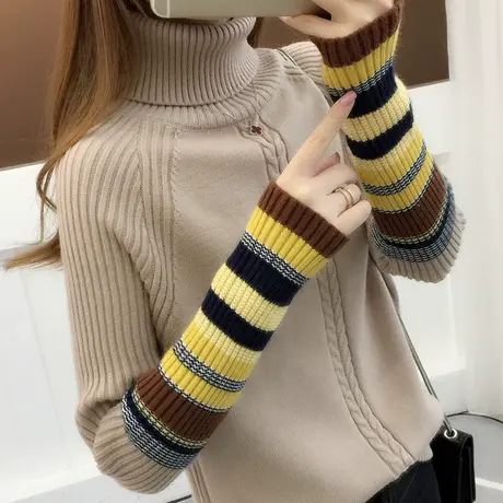 高领套头毛衣女加厚秋冬装新款拼色短款上衣长袖打底针织衫女商品大图