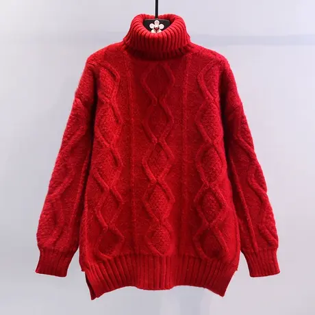 新年红色高领毛衣女冬季2023新款宽松慵懒风加厚套头打底针织上衣图片