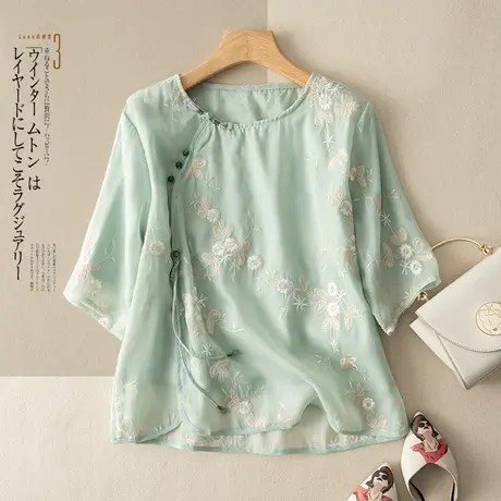 享永子五分袖精致刺绣天丝苎麻上衣女夏文艺复古宽松国风2024新款商品大图