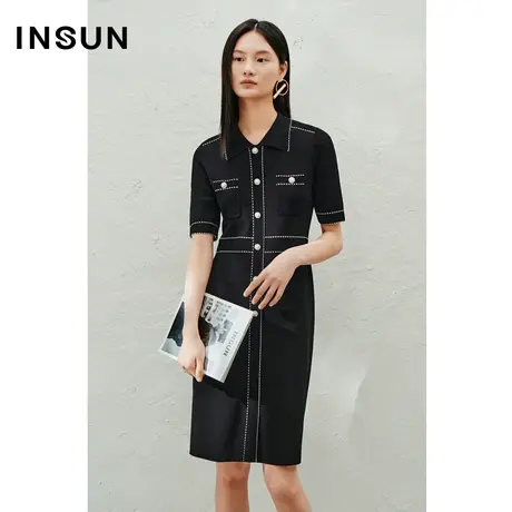 INSUN恩裳线上专选夏季Polo领明线高腰小香风连衣裙商品大图