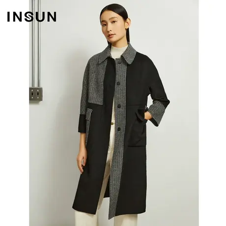 恩裳奥莱冬季千鸟格纹大衣绵羊毛撞色中长款毛呢外套图片