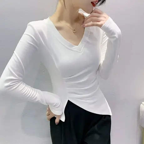 欧货性感V领长袖T恤女2024秋季新款不规则下摆开叉上衣内搭打底衫图片